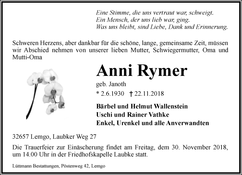  Traueranzeige für Anni Rymer vom 24.11.2018 aus Lippische Landes-Zeitung