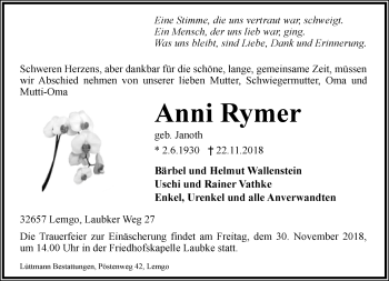 Anzeige  Anni Rymer  Lippische Landes-Zeitung
