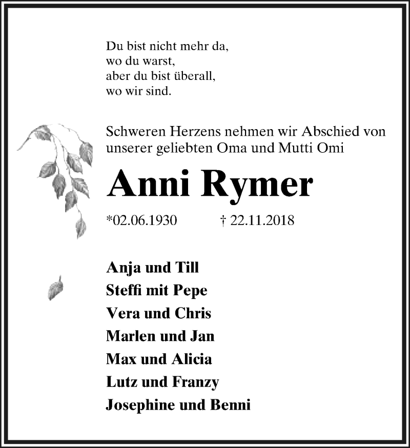  Traueranzeige für Anni Rymer vom 24.11.2018 aus Lippische Landes-Zeitung