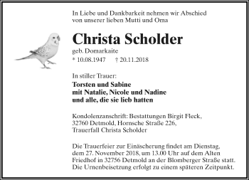 Anzeige  Christa Scholder  Lippische Landes-Zeitung