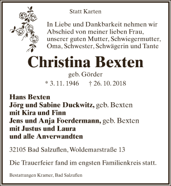 Anzeige  Christina Bexten  Lippische Landes-Zeitung