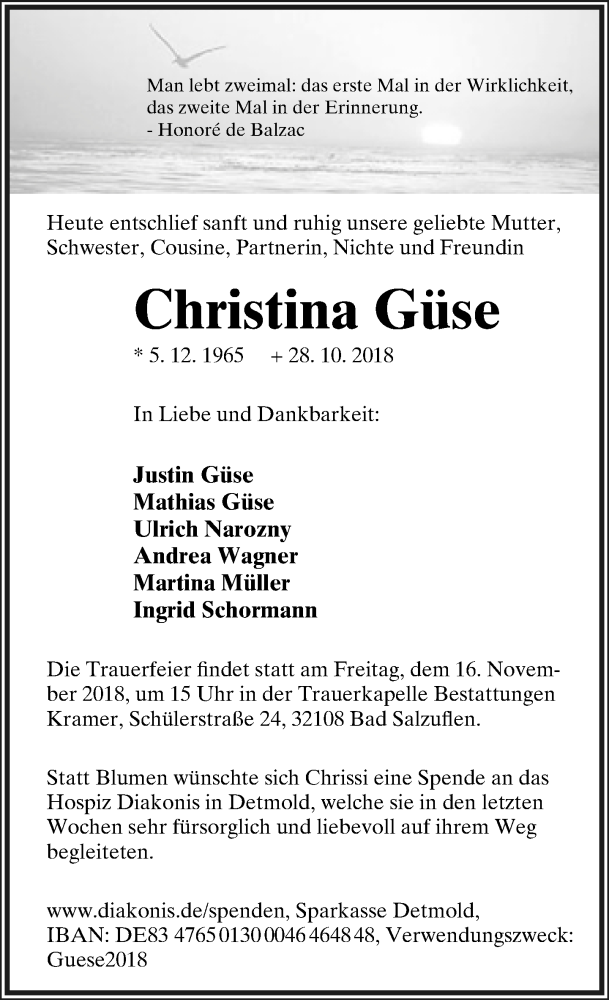  Traueranzeige für Christina Güse vom 10.11.2018 aus Lippische Landes-Zeitung