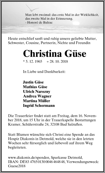 Anzeige  Christina Güse  Lippische Landes-Zeitung