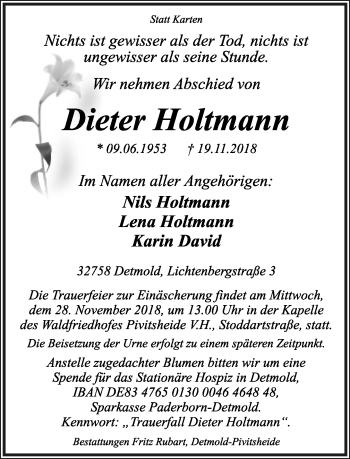 Anzeige  Dieter Holtmann  Lippische Landes-Zeitung