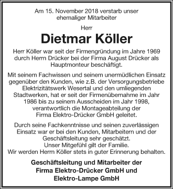 Anzeige  Dietmar Köller  Lippische Landes-Zeitung