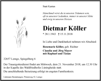 Anzeige  Dietmar Köller  Lippische Landes-Zeitung
