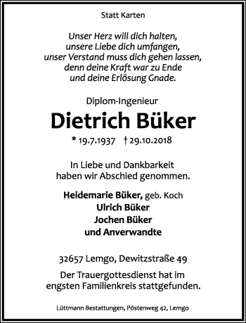 Anzeige  Dietrich Büker  Lippische Landes-Zeitung