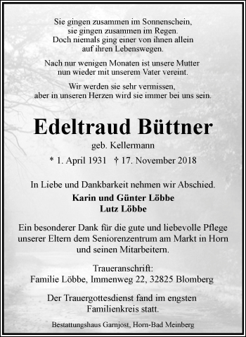 Anzeige  Edeltraud Büttner  Lippische Landes-Zeitung