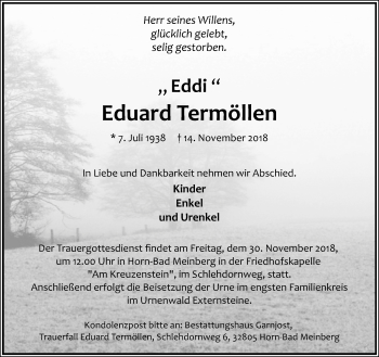 Anzeige  Eduard Termöllen  Lippische Landes-Zeitung