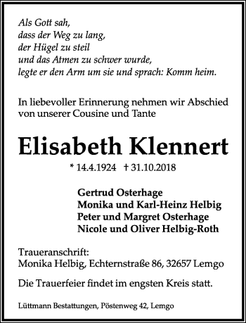 Anzeige  Elisabeth Klennert  Lippische Landes-Zeitung