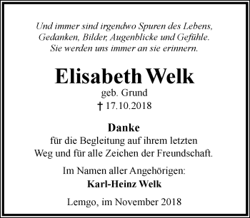 Anzeige  Elisabeth Welk  Lippische Landes-Zeitung