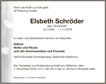 Anzeige  Elsbeth Schröder  Lippische Landes-Zeitung