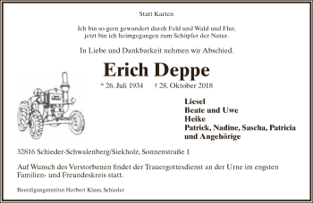 Anzeige  Erich Deppe  Lippische Landes-Zeitung