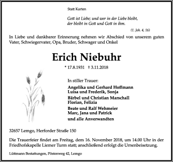 Anzeige  Erich Niebuhr  Lippische Landes-Zeitung