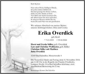 Anzeige  Erika Overdick  Lippische Landes-Zeitung