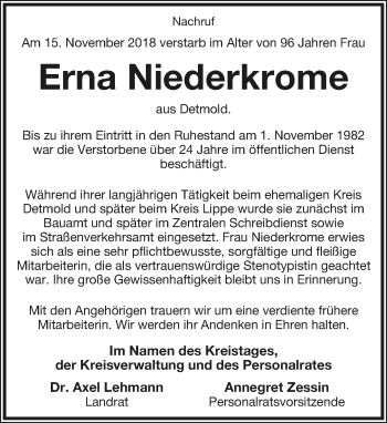 Anzeige  Erna Niederkrome  Lippische Landes-Zeitung