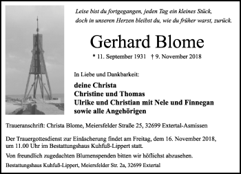 Anzeige  Gerhard Blome  Lippische Landes-Zeitung