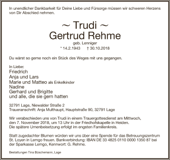 Anzeige  Gertrud Rehme  Lippische Landes-Zeitung