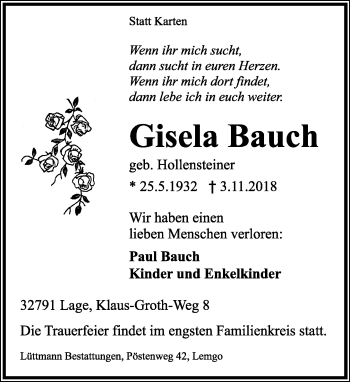 Anzeige  Gisela Bauch  Lippische Landes-Zeitung