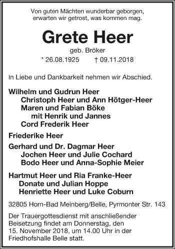 Anzeige  Grete Heer  Lippische Landes-Zeitung