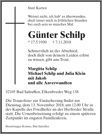 Anzeige  Günter Schilp  Lippische Landes-Zeitung