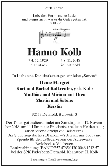 Anzeige  Hanno Kolb  Lippische Landes-Zeitung