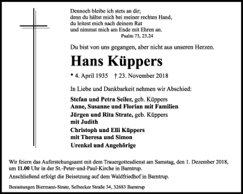 Anzeige  Hans Küppers  Lippische Landes-Zeitung