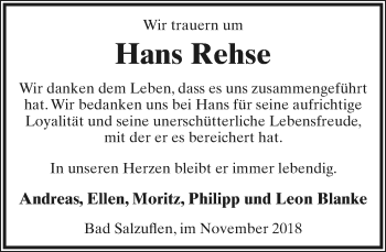 Anzeige  Hans Rehse  Lippische Landes-Zeitung