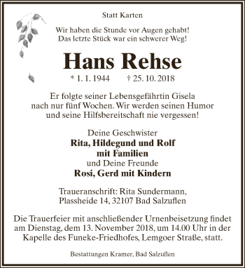 Anzeige  Hans Rehse  Lippische Landes-Zeitung