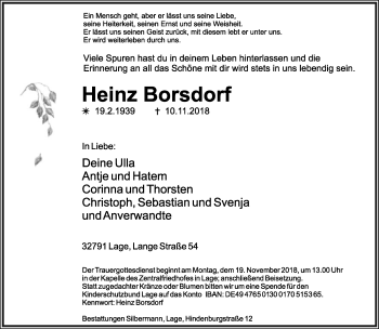 Anzeige  Heinz Borsdorf  Lippische Landes-Zeitung