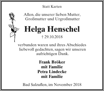 Anzeige  Helga Henschel  Lippische Landes-Zeitung