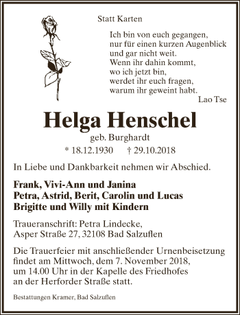 Anzeige  Helga Henschel  Lippische Landes-Zeitung