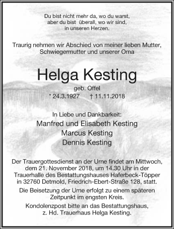 Anzeige  Helga Kesting  Lippische Landes-Zeitung