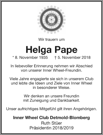 Anzeige  Helga Pape  Lippische Landes-Zeitung