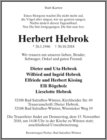 Anzeige  Herbert Hebrok  Lippische Landes-Zeitung
