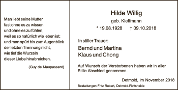 Anzeige  Hilde Willig  Lippische Landes-Zeitung