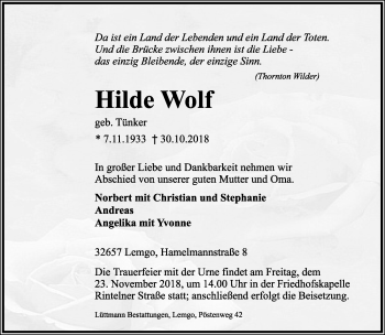 Anzeige  Hilde Wolf  Lippische Landes-Zeitung