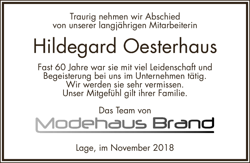  Traueranzeige für Hildegard Oesterhaus vom 06.11.2018 aus Lippische Landes-Zeitung