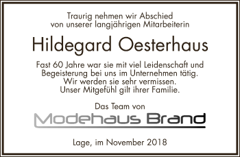 Anzeige  Hildegard Oesterhaus  Lippische Landes-Zeitung