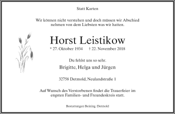 Anzeige  Horst Leistikow  Lippische Landes-Zeitung