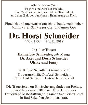Anzeige  Horst Schneider  Lippische Landes-Zeitung