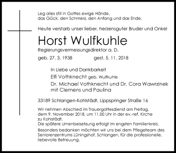 Anzeige  Horst Wulfkuhle  Lippische Landes-Zeitung