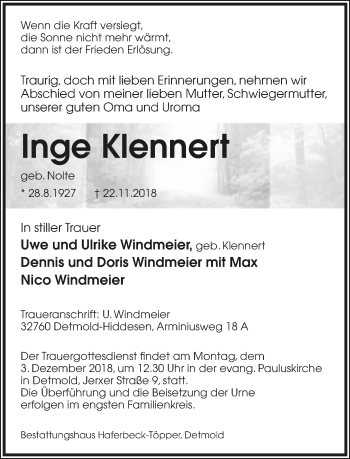 Anzeige  Inge Klennert  Lippische Landes-Zeitung