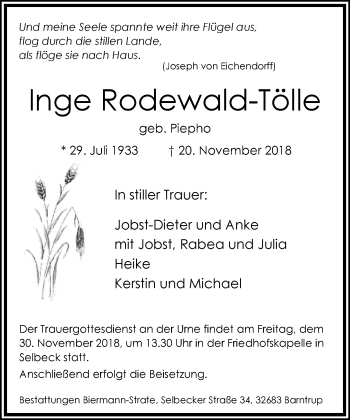 Anzeige  Inge Rodewald-Tölle  Lippische Landes-Zeitung