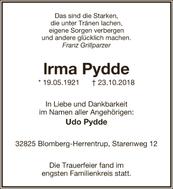 Anzeige  Irma Pydde  Lippische Landes-Zeitung