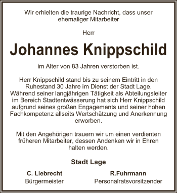 Anzeige  Johannes Knippschild  Lippische Landes-Zeitung