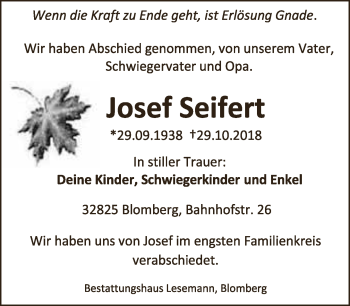 Anzeige  Josef Seifert  Lippische Landes-Zeitung