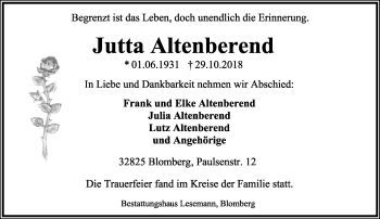 Anzeige  Jutta Altenberend  Lippische Landes-Zeitung