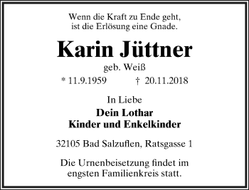 Anzeige  Karin Jüttner  Lippische Landes-Zeitung