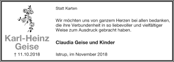 Anzeige  Karl-Heinz Geise  Lippische Landes-Zeitung